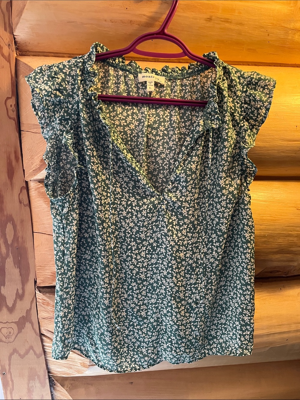 Monteau Green Floral V-Neck Ruffle Sleeve Blouse